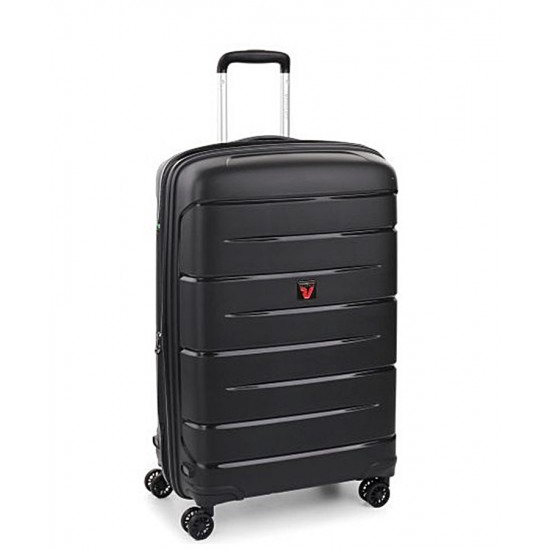 Roncato FLIGHT DLX fekete négykerekes, bővíthető zippes közepes bőrönd R-3462